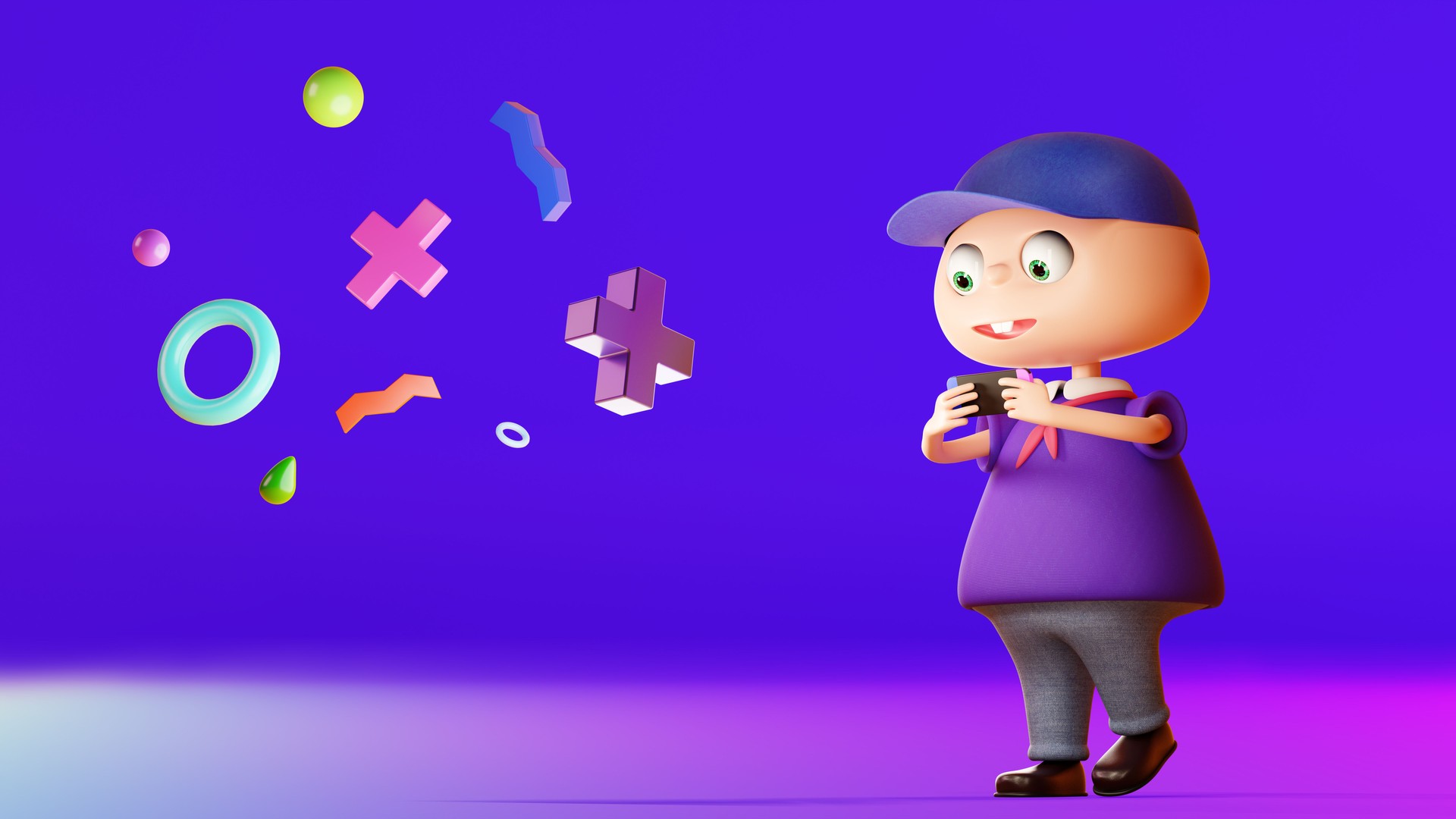 Funny cartoon boy playing a video game, 3d rendering. Cartoon character is playing on a portable console, on a neon background.
