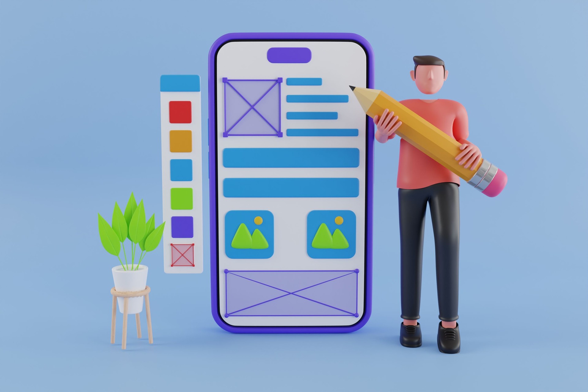UX UI design concept with character and text place. man creates a custom design for a mobile application, Ui UX design. 3d illustration