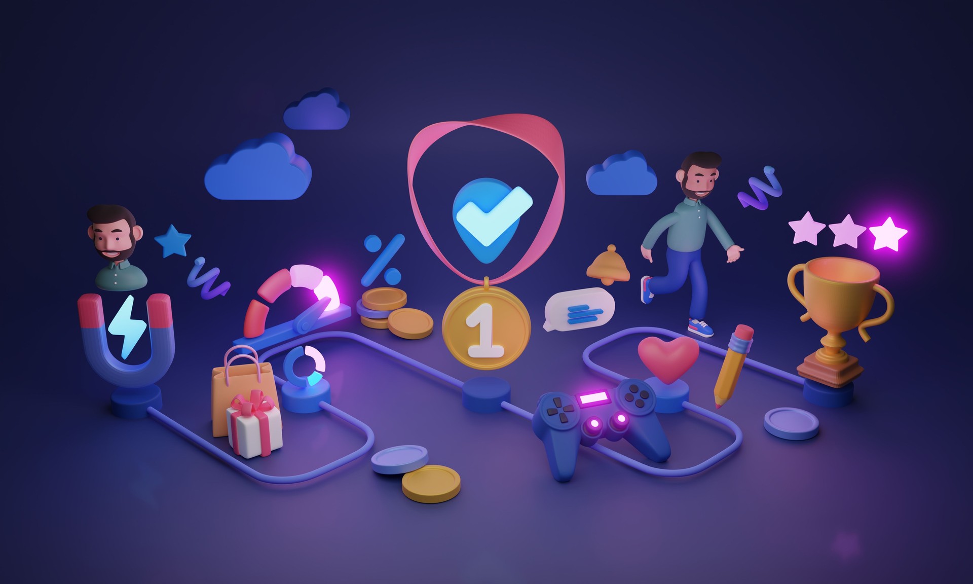 Gamified loyalty program with participant personalized reward 3D illustration